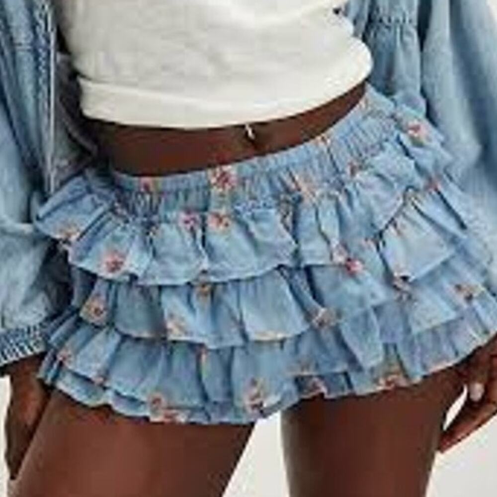 Free People Blue Floral Ruffle Bloomers Fairy Coquette Cottagecore Size Small